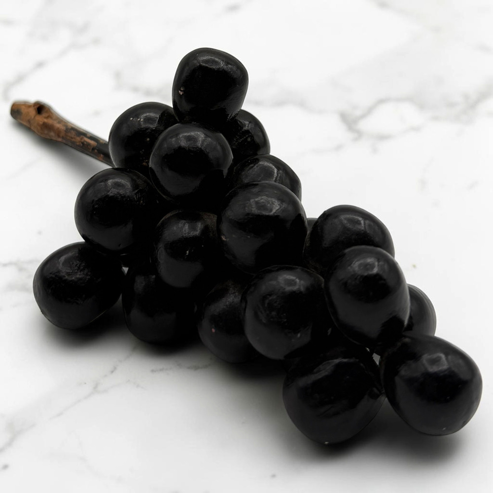 Alabaster Stone Black Grape Fruit Cluster Wood Stem Realistic Bunch Carved 3" H